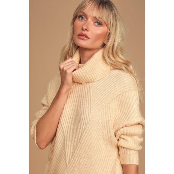 Charming Cream Ribbed Turtleneck Sweater Dress - Picture 2 of 8